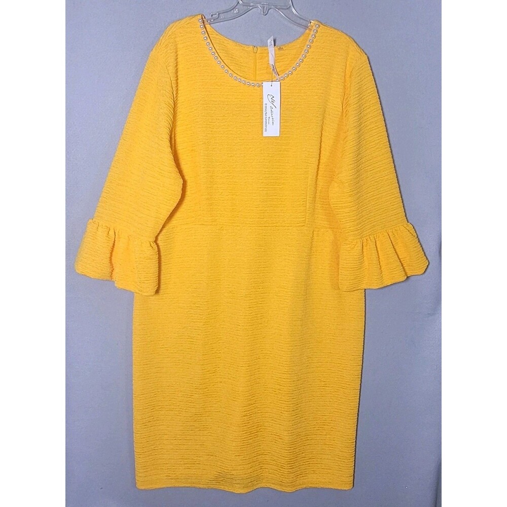 NWT NY Collection Dress Womens 3X Lemon Yellow IFaux Pearl Detail Blell Sleeves